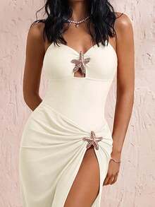 Elavelle Set de 2 piezas de traje de baño de una sola pieza con falda maxi, tirantes finos y decoración de estrella de mar, unicolor para mujer - Beis - Ver 4