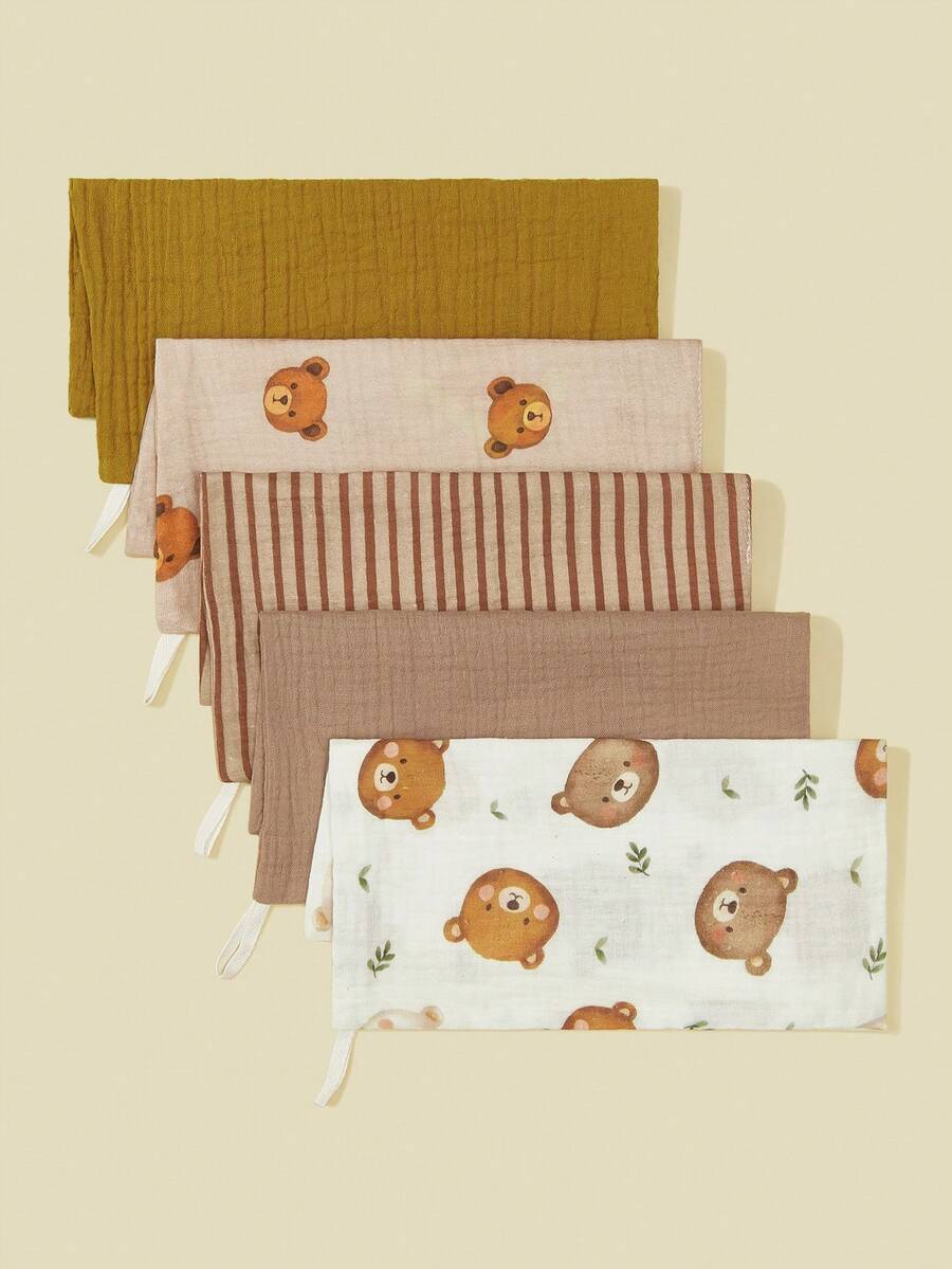 Bộ 5 chiếc yếm ăn cho bé bằng vải cotton mỏng in hình hoa và động vật hoạt hình, khăn ăn, khăn lau nước bọt. - Nhiều màu - Xem 1