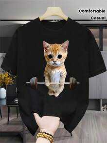 Camiseta unisex de manga corta, camiseta de manga corta para hombre, ropa casual de verano, con un diseño de un gatito levantando pesas.Hombres Gráfico Camisetas, Camisas, Humorístico Camisetas Hombres Ropa Informal Ropa urbana Perfecto para Aficionados Cumpleaños, Y Regalos, Cómodo Informal Atuendo de jugadoras hombre, , ,  mujer,romwe hombres, boho chic,maestras regalos,camiseta para conjuntos de mujer con curvas para mu,y2k, - Negro - Ver 6