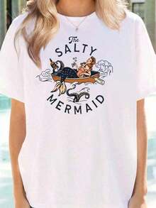 1 pieza Camiseta Gráfica Salty para Mujer, Moda de Verano, Camiseta de Manga Corta, Camiseta Casual, Ropa de Mujer, 180g, 100% Algodón - Blanco - Ver 1