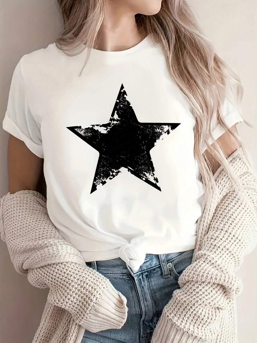 1pc Casual T-Shirt With Star Graphic Print | Short-Sleeved T-Shirt With Round Neck, Slightly Stretchy Fabric, Geometric Design, Regular Length, Pullover Style For Spring And Summer - Unisex Loose Cotton T-Shirt With Round Neck And Short Sleeves In Urban Vintage Style. - 白色 - 查看 1