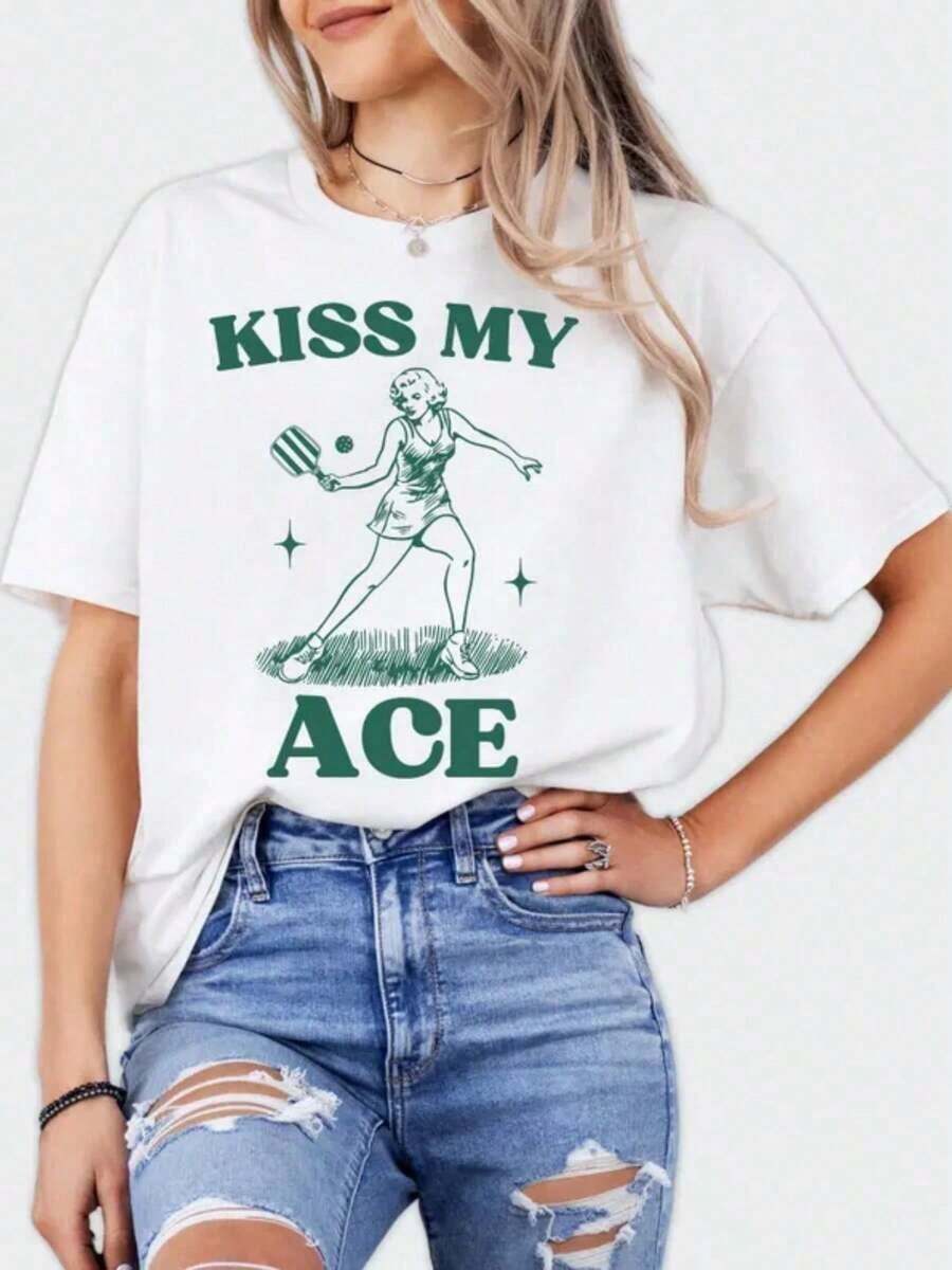 1 Piece Kiss My Ace Retro Graphic Sweatshirt, Women's 1940s Vintage Tennis Sweater, Funny Tennis T-Shirt, Gift For Tennis Lovers, 180g 100% Cotton - 白色 5 - 查看 1
