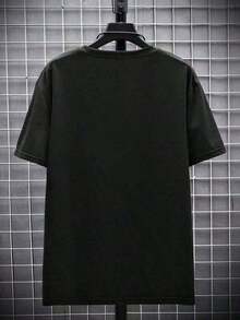 Camiseta de verano casual de manga corta con cuello redondo y estampado de moda para hombres, lavable aáquina, cómoda ropa casual para exteriores, camisa lavable aáquina - Negro - Ver 3