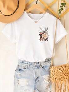 Women's Loose-Fitting T-Shirt With A Round Neck And Exquisite Print. Soft And Breathable Fabric, Comfortable To Wear, And Short Sleeves. Casual And Relaxed Fit, Versatile Style. Made From High-Quality 100% Pure Cotton (200 G). - 白色 - 查看 2
