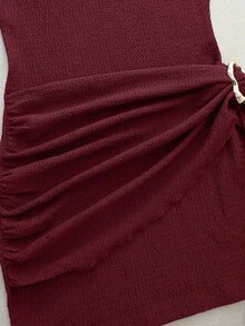 Nuevo vestido elegante y sexy de primavera/verano para citas, de cuello alto, con hebilla metálica, fruncido y sin mangas, de silueta ajustada para mujer - Burdeos - Ver 7