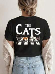 HERARIUM [Impresión a Doble Cara] Camiseta de Mujer, Top Casual de Manga Corta y Cuello Redondo, con un Diseño de Cruce de Cebra y la palabra CATS impresa encima, Lavable, Ropa Casual Adecua - Negro - View 3