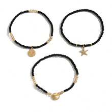 3pcs Fashionable Elegant Rice Bead Anklets, Colorful Beads, Starfish And Shell Charms, Stretchy Multi-Layer Beaded Anklets, Summer Beach Vacation Style, Daily And Holiday Accessories, Suitable For All Seasons (Bead Color Quantity Order Random) - JL04 Black - View 6