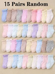 20/15/10/5/1 Paire de chaussettes mi-mollet à volants aléatoires pour bébés filles, tissu en maille cœur confortable, respirant, doux et élastique, chaussettes à semelle antidérapante en silicone cœur, convient pour les bébés filles de 0-36 mois, chaussettes de princesse, chaussettes de marche intérieure, style dopamine de couleur claire convient pour l'été, s'accorde avec diverses tenues, convient pour le port quotidien, les cadeaux et les fêtes d'anniversaire - Multicolore - Voir 17