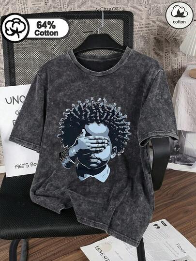Áo thun nữ cỡ lớn cổ tròn bằng cotton, kiểu dáng đơn giản, in hình hoạt hình cậu bé, được xử lý bằng phương pháp giặt axit.