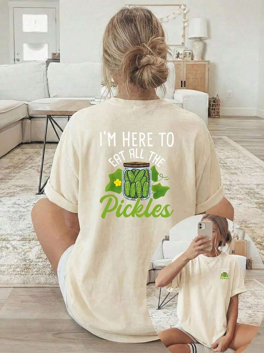 New Summer Collection 2026: Fashionable Women's T-Shirt [Double-Sided Print], Casual Short-Sleeve Round Neck Top, Printed With Green Pickle Cans And Text, Suitable For Casual Wear, Multipurpose Clothing, Fashionable T-Shirt, Comfortable Material, Summer T-Shirt For Style Enthusiasts. - 杏色 - 查看 1