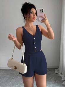 de 2 piezas de top con botones delanteros y dobladillo con abertura + shorts de unicolor casual y de uso diario para mujer - Azul marino - Ver 1