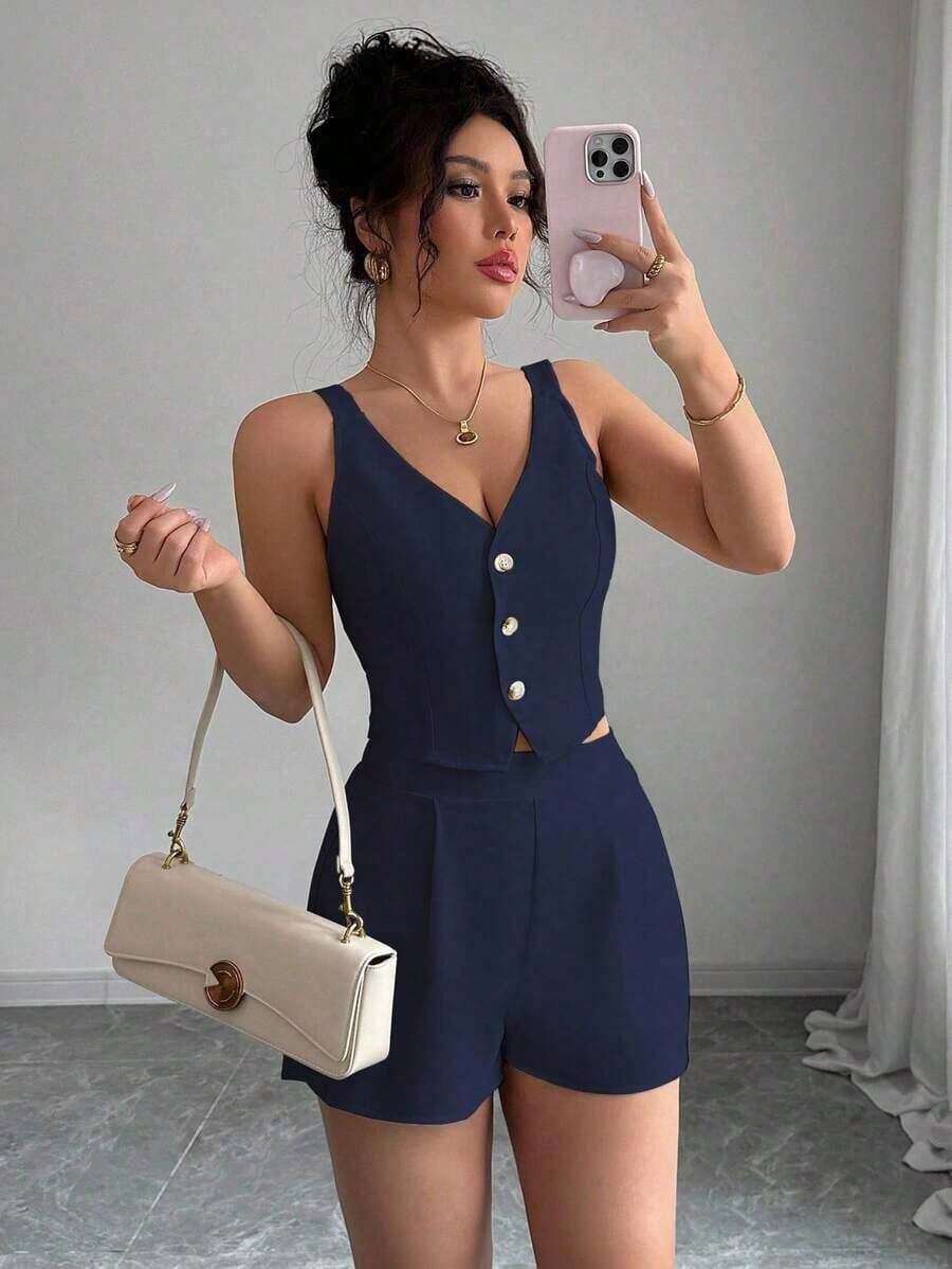 de 2 piezas de top con botones delanteros y dobladillo con abertura + shorts de unicolor casual y de uso diario para mujer - Azul marino - Ver 1