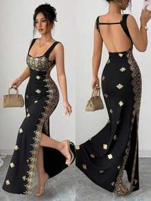 YHHSHEIN Raffinéa Vestido de verano nuevo para mujer, dorado brillante y negro, con cuello cuadrado, tirantes de espagueti, espalda descubierta, bajo con abertura, ajustado de cintura alta, adecuado para fiestas, bodas, banquetes de negocios, ocasiones diarias, galas, fiestas de boda y atuendos festivos. YHH - Negro - Ver 7