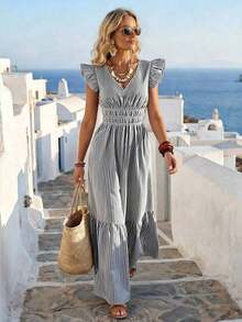 YHHRafferiza Vestido de vacaciones con cuello en V, manga corta y estampado floral romántico para mujerYHH - Negro - Ver 4