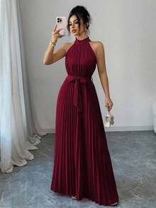 Vestido elegante de corte evasé para mujeres con cuello de volantes y cintura ceñida para el Día de San Valentín, romántico - Burdeos - Ver 1