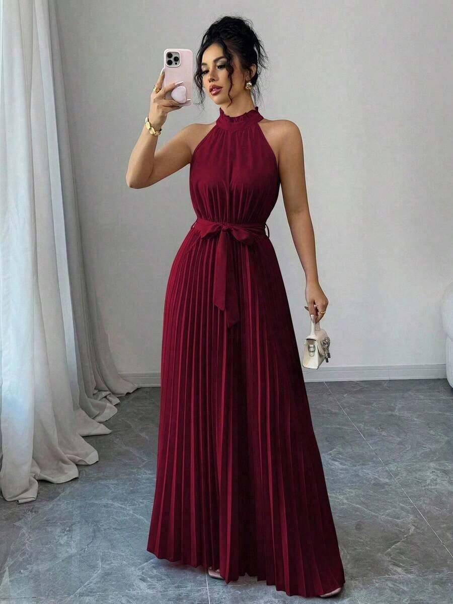 Vestido elegante de corte evasé para mujeres con cuello de volantes y cintura ceñida para el Día de San Valentín, romántico - Burdeos - Ver 1