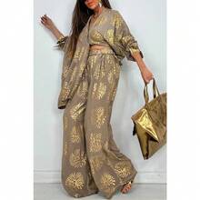 Conjunto femenino de moda estampado dorado cuello vuelto holgado manga larga talla grande nuevo diseño casual dos piezas - Caqui - Ver 6