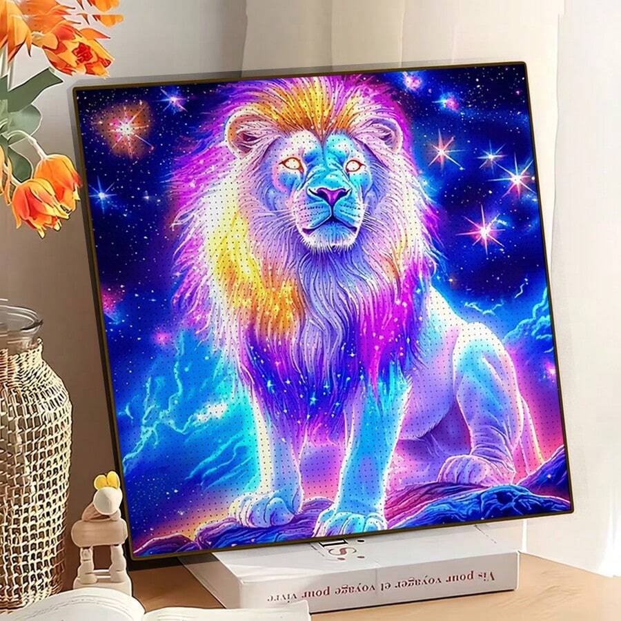 1幅全新5D圆形亚克力钻石画,以梦幻星空狮子为主题,采用马赛克工艺制作,适合家居墙面装饰,营造艺术氛围。纯手工制作,饱含深情,是送给女友、父母、朋友以及节日馈赠的绝佳选择,传递温暖与创意。不含画框。 - 圓鑽 - 查看 1
