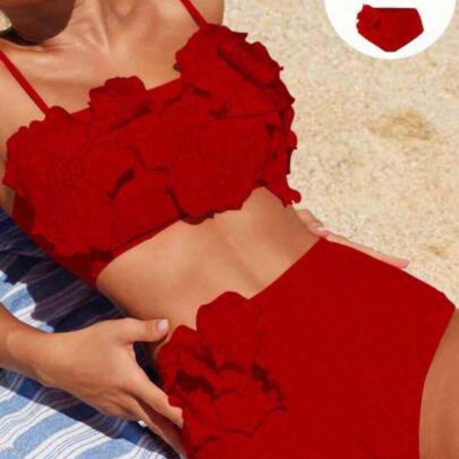 Swim Vcay Women's Summer Beach Hot Pink Solid Color 3D Flower Decorated Bikini Set Summer Two Pieces Set - Rojo - Ver 1
