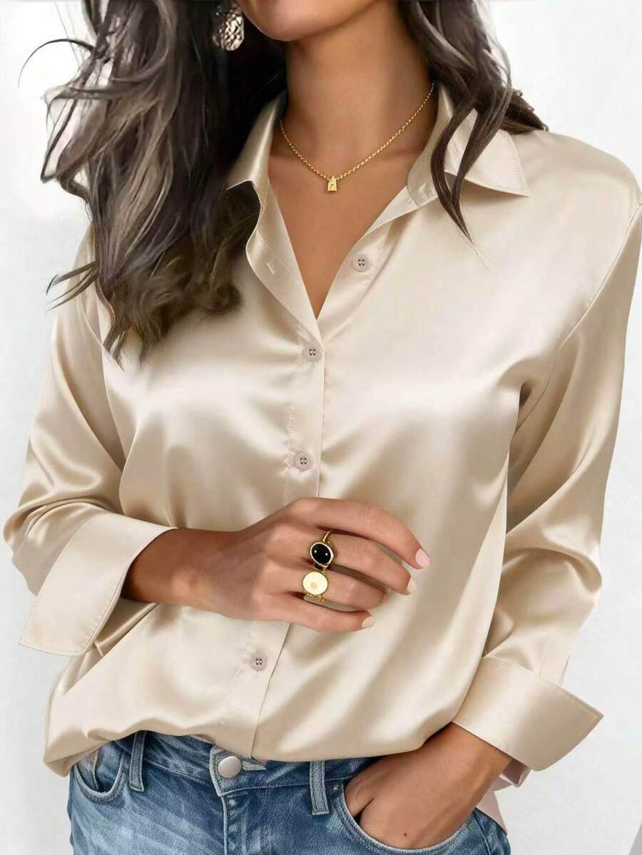 Áo sơ mi satin nữ, kiểu dáng công sở thường ngày, cài cúc, cổ ve áo, thanh lịch cho cả đi làm và đi chơi, phù hợp cho mùa thu, đông, xuân và hè.