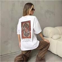 Camiseta de manga corta estilo BF con estampado americano, holgada y retro, 100% algodón, estilo europeo y americano de moda, juvenil y de nicho, para mujer. - Negro - Ver 2