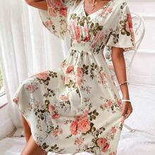 Boho Chic Blue Floral Print Shirred Waist A Line Midi Dress For Women With V Neck And Puff Sleeves - Rojo - Ver 7