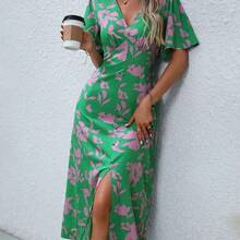 Women's Elegant Chic Minimalist High-End Casual Dress, Suitable For Office, Commute, Beach, Music Festival, Afternoon Tea, French Riviera Style, With Leopard Print, V-Neck, Waist Tie, Button Decor, A-Line Hem, Split, Puff Sleeve, Mid-Length - Azul - Ver 2