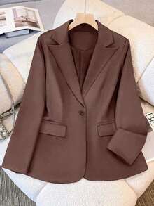 Chaqueta de blazer de unicolor con solapa para mujer, de manga larga con botones y bolsillos, adecuada para otoño, invierno y primavera.Chaqueta de oficina de manga larga, prenda exterior versátil para negocios y hogar, apta para otoño, invierno y primavera - Marrón Chocolate - Ver 3