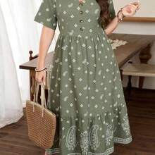 Lacomfia Vestido elegante de línea A con cuello en V, manga corta y ajuste de cintura, con estampado floral para mujer de talla grande - Verde - Ver 1