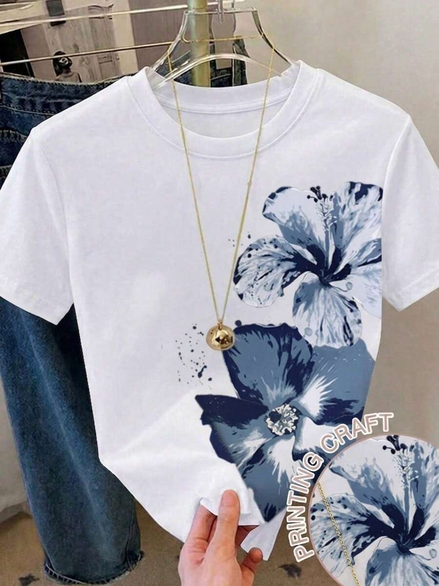 Playera de dama blanca con estampado florar deslavado fresco Estilo Casual y Divertido comoda liguera transpirable ideal vacaciones diario casa tener una cita dulce - Blanco - Ver 1