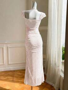 Vestido de verano de cola de pez con dobladillo largo y puntos polka de malla para mujer - Blanco - Ver 2