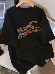Camiseta de manga corta holgada para mujer - Estampado de tigre naranja vibrante, top casual de cuello redondo para verano, comodidad para todas las estaciones, lavable a máquina, diseño moderno y divertido, tela duradera, ajuste cómodo, camiseta Y2k. - Negro - Ver 10