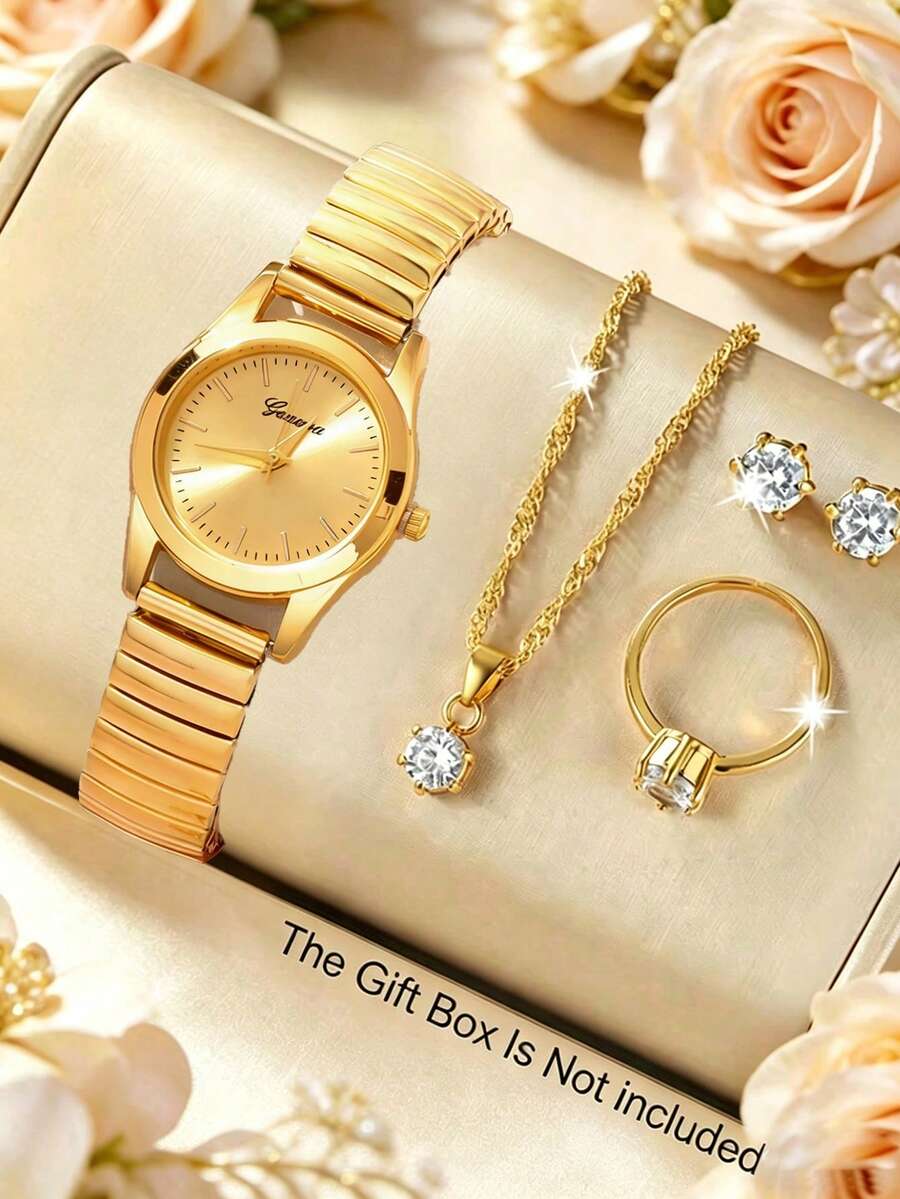 5件組女款金色極簡飾品套組,全金鋼錶帶手錶搭配水鑽項鍊、戒指與耳釘,輕奢優雅高貴百搭,適合通勤與約會場合,展現知性奢華優雅,送女友、閨蜜、媽媽的完美生日、情人節或畢業禮物 - 金色 - 查看 1