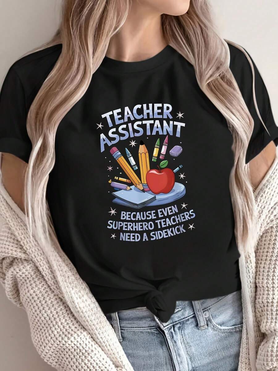 Camiseta divertida para asistente de profesor 2026 con estampados de lápices coloridos, manzanas y libros, de corte holgado, para mujer, estilo casual, cuello redondo, para primavera-verano. - Negro - Ver 1