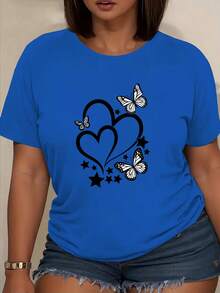 GiftWomen Women's Short Sleeve T-Shirt With "Artistic Butterfly And Heart" Print | Soft And Breathable Fiber With Moderate Elasticity, Machine Washable, Ideal For Summer Fashion, Suitable For Daily Wear And At Home. - 藍色 - 查看 6