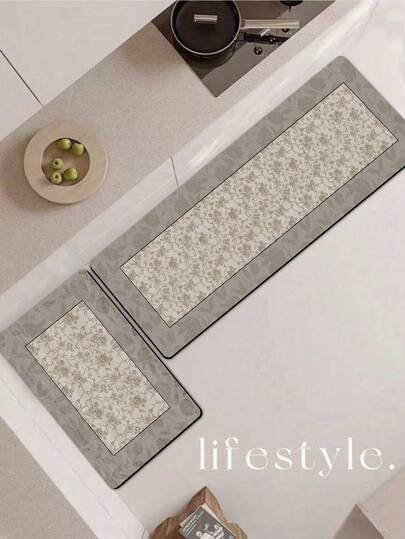 [HOT!!!] 1pc Soft Rubber Water-Absorbing Kitchen Mat, 3.5mm Thick Absorbent Rug For Large Or Small Area, French Pastoral Style, Cream-Colored Base With Vintage Floral Pattern In Light Brown