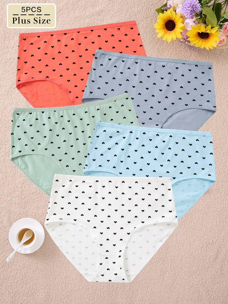 5pcs Pack Heart Print Cotton High Waist Plus Size Panties For Women - Multicolor - View 1