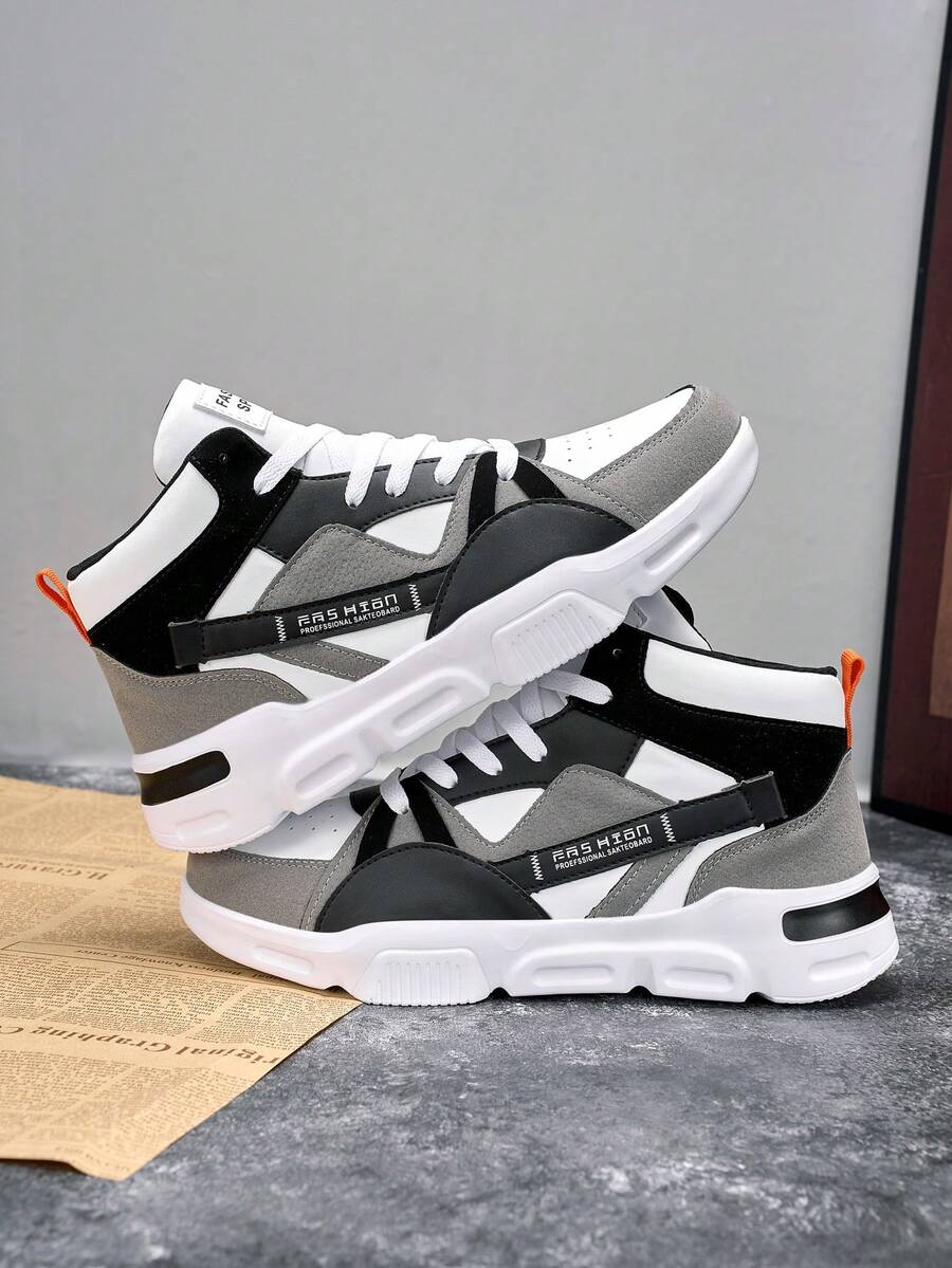 Men's Niche Design Color Block Letter High-Top Sneakers, Youth Outdoor Lace-Up Comfortable Casual Shoes