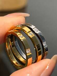 VJS 3pcs 18K Gold Plated Cubic Zirconia Square Rings, 3 Colors Available, Exquisite & Versatile, Suitable For Daily Wear & Holiday Gifts - Multicolor - View 2
