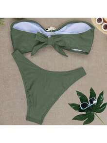 Women's Sexy Solid Color Push-Up Bikini Set, Summer Beach Vacation - Green - View 2