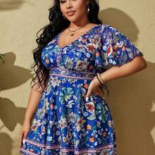 Swim Lushore Summer Beach Plus Size Flower Printed Swimwear Set - Negro - Ver 5