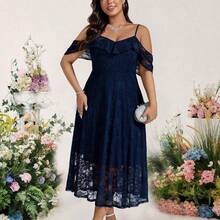 Cravure Plus Size Elegant Off The Shoulder Summer Women Outfit Spring Dress Evening Dress Formal Women Dresses Backless Lace Dress Wedding Women Dress - Azul Marino - Ver 5
