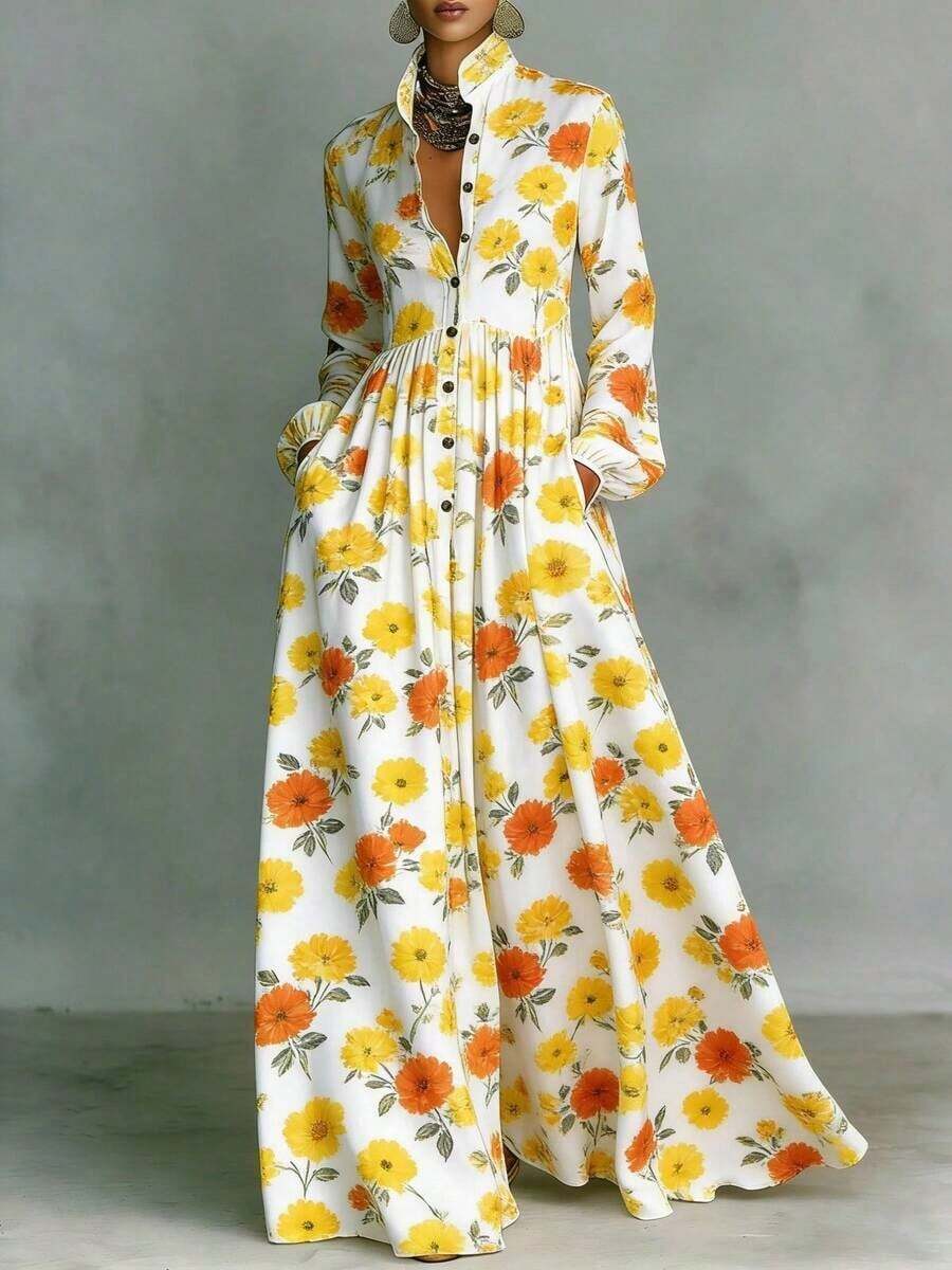 Elegant Retro Slimming Long Sleeve Printed Dress Women French Style Vacation Bodycon Midi Dress With Waist CincherDesign EuropeanAndCasual Party Wear - 黃色 - 查看 1