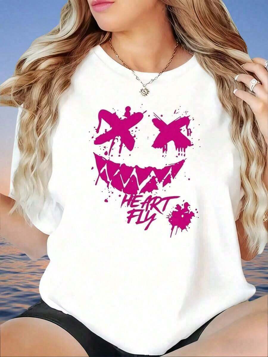 Camiseta Blanca Holgada con Estampado de Cara de Graffiti y Corazón Volador para Mujer, Top Casual de Manga Corta, Camiseta Gráfica de Moda de Verano, Camiseta de Mujer, ropa de calor mujer, blusas de mujer, S-3XL - Blanco - Ver 1