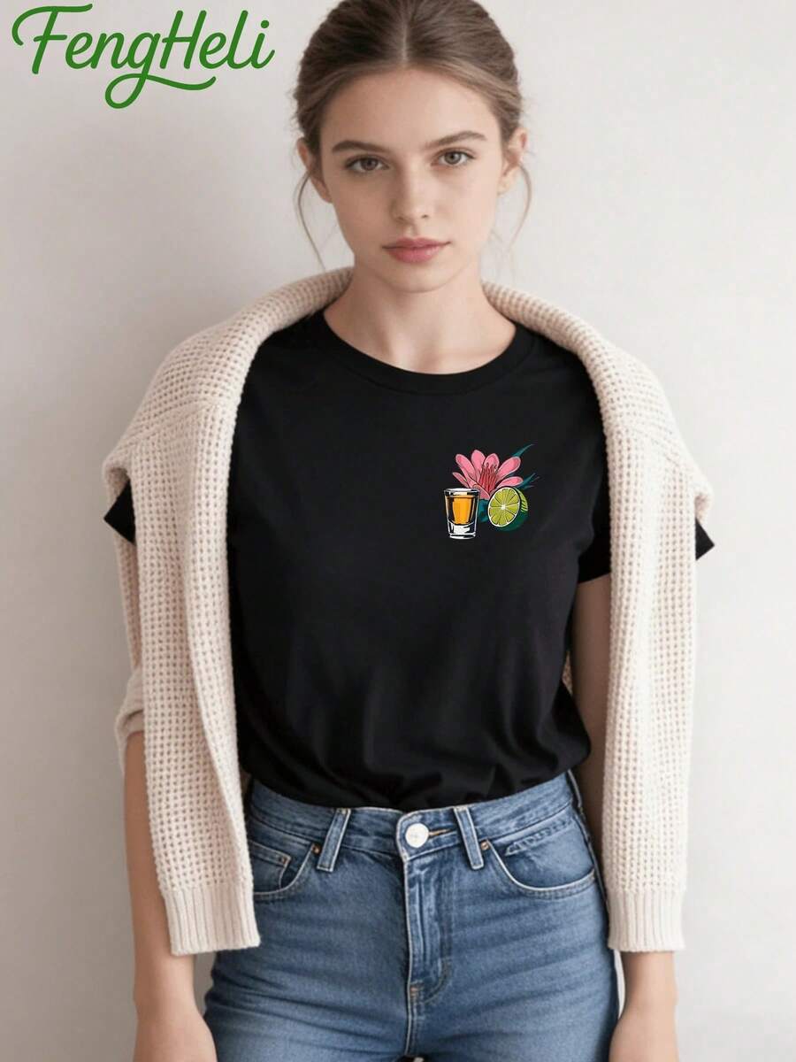 Women's Fitted Short Sleeve T-Shirt With Double-Sided Print, 1 Piece - Perfect Gift For New Year 2026, Valentine's Day, Easter, St. Patrick's Day, Black History Month, Back To School And Teachers - Graphic Tee With Tequila Bottle And Lime Print "More Tequila Please", Casual Summer Tee For Women, Great For Beach Parties And Warm Weather Outfits. - 黑色 - 查看 1