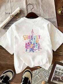 [Double-Sided Print] Casual Short-Sleeve Crew Neck T-Shirt With Colorful Castles And Fireworks Print And The Text "HAPPILY EVER AFTER". Suitable For Women's Spring And Summer Wear, 4th Of July Outfits, World Cup Match Day. Soft And Lightweight T-Shirt, Easy To Match With Any Outfit. 100% Cotton Graphic T-Shirt For Women, Brokey Y2K Streetwear Style, Crew Neck, Loose Fit. - 白色 - 查看 3