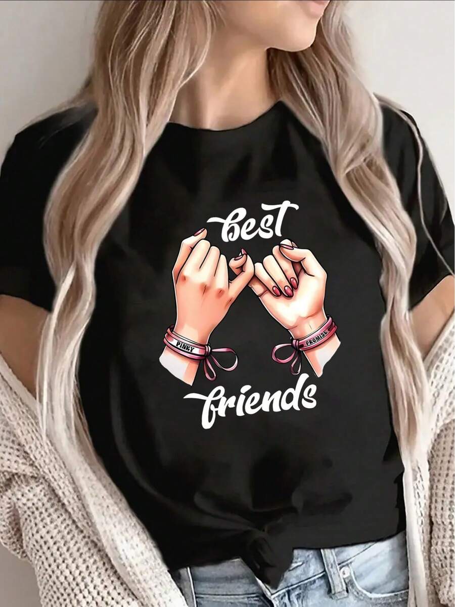 Lightweight And Durable Short-Sleeved T-Shirt With A Best Friend Design, Ideal For Casual Outings And Suitable For Wearing In Restaurants Or The Living Room, Offering A Comfortable Fit For Women - 黑色 - 查看 1