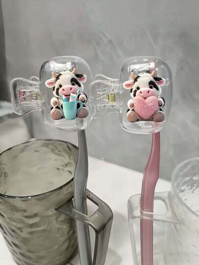 Portable Toothbrush Set, Includes Toothbrush Cover, Storage Box And Toothbrush Holder, With Cute Smiling Cow Pattern, Heart Shape And Toothbrush Cup. Essential Bathroom Accessory For Home, Business Travel, Daily Use And Outdoor Adventure. This Portable Toothbrush Storage Box Is The Perfect Choice For Daily Tooth Care, A Cute Pet-Themed Storage Box, A Decorative Toothbrush Cover, And A Compact Storage Solution.