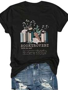 Camiseta de mujer de manga corta y cuello redondo con estampado de flores y libros, Camiseta gráfica de mujer "BOOKTROVERT Una persona que prefiere la compañía de personajes ficticios a la de las personas reales" - Negro - Ver 6