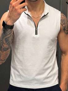Men's Summer Half Zip Henley Neck Tank Top - White - View 4